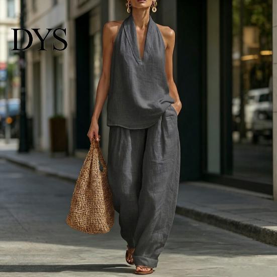 Einfaches Elegantes Anzug Zweiteiliges Baumwoll Leinen Sets für Damen Ärmellos V-Ausschnitt Lässig Formell Tragen Neckholder Top Passende Weite Hosen Sommerurlaub