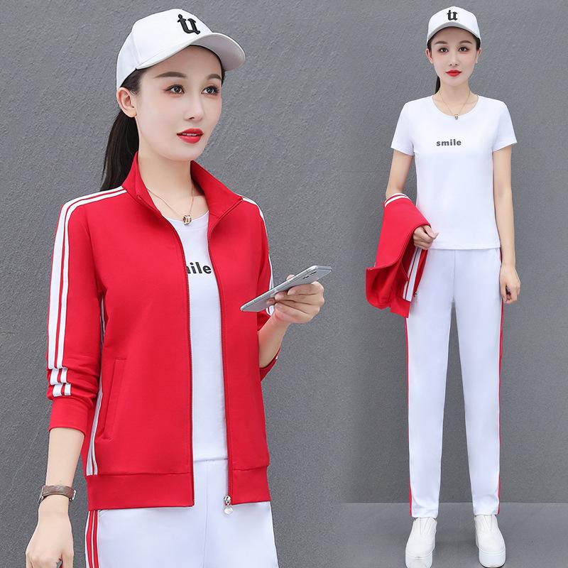 

Кардиган со стойкой, спортивный костюм, женский весенне-осенний повседневный свободный комплект из трех предметов M красный