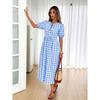 Europe, America 2026 summer new plaid lace-up pleated casual lace-up bubble sleeve dress women