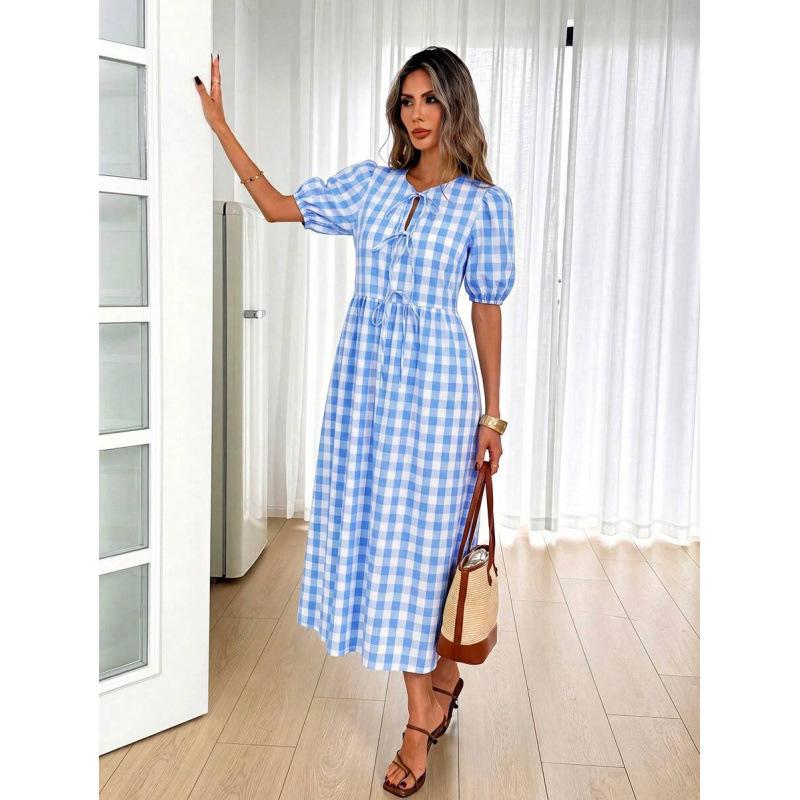 Europe, America 2026 summer new plaid lace-up pleated casual lace-up bubble sleeve dress women