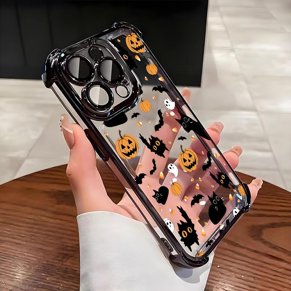 Halloween Black Cat Pumpkin Bat Pattern Phone Case For iPhone 17 16 15 14 13 12 11 Pro Max 15 16 Plus 17Air Airbag Plating Cover