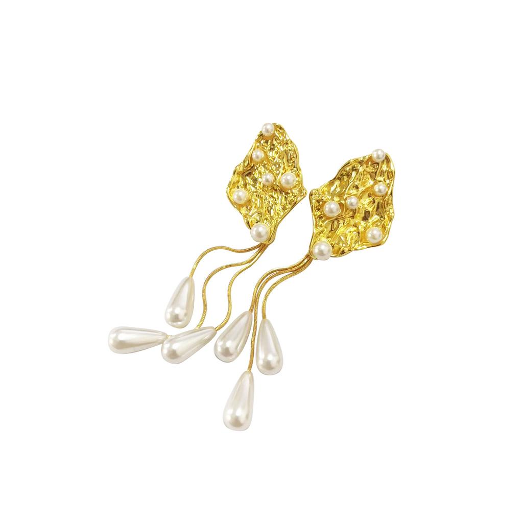 European and American ancient style pleated pearl fringed stud earrings women's niche design sense exaggerated earrings long fashion earrings