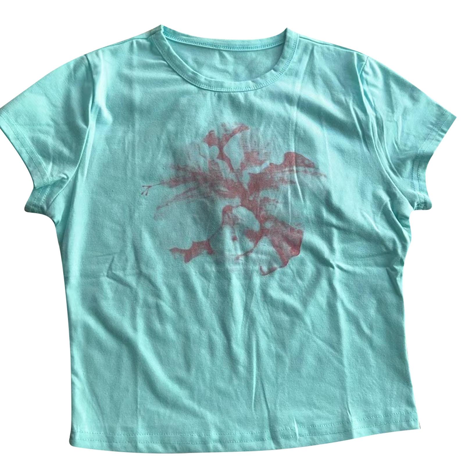 

Жіночі літні вузькі топи з квітковим візерунком і рукавами з круглим вирізом, що демонструють пупок, вуличний одяг L синій