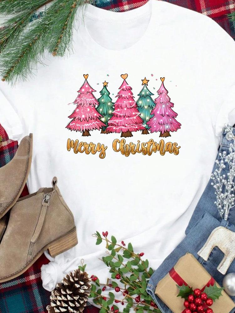 (Asian Size) star trend cute New Year festival Women Print Holiday Tee Top  Merry Christmas Casual Lady Short Sleeve Fashion Graphic T-shirts