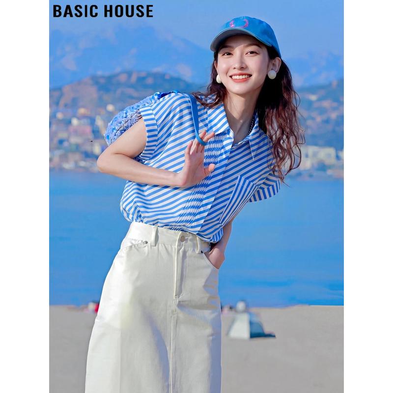 Basic House Women s Striped Tencel Silk Blend Short Sleeve Shirt M