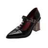 Women's Thick Heel Shoes Spring New Pointed Head Shallow Mouth Rivets Metal Buckle Line Belt High Heels