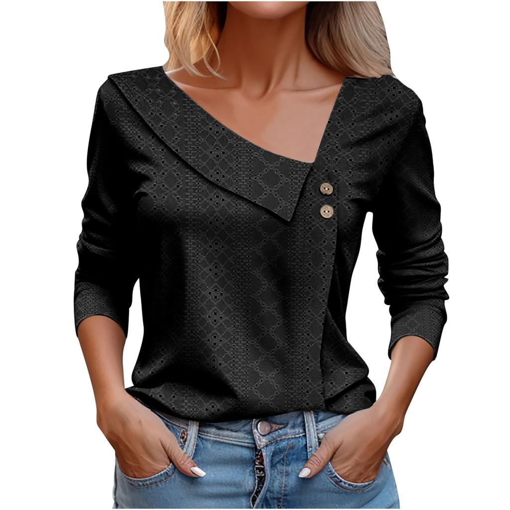 Women's Fashion V-Neck Button-Up Long-Sleeve T-Shirt Casual Solid-Color Top