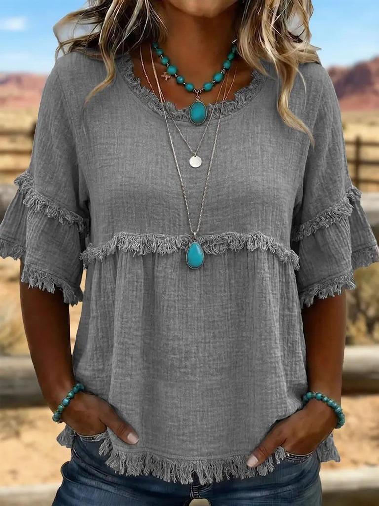 2026 European & American Loose Fit Women's Casual Short Sleeve Round Neck Pullover Top