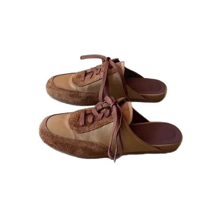 Sheepskin Version~ Niche Lace-up Color Matching Bag Head Drag Woman One Pedal Flat Bottom Half Drag Ins Sports and Leisure Style Slippers