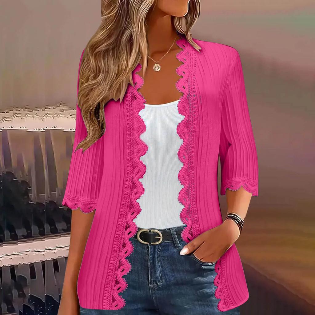 Women's Fashion Casual Seven Split Sleeve Solid Color Lace Cardigan Jacket