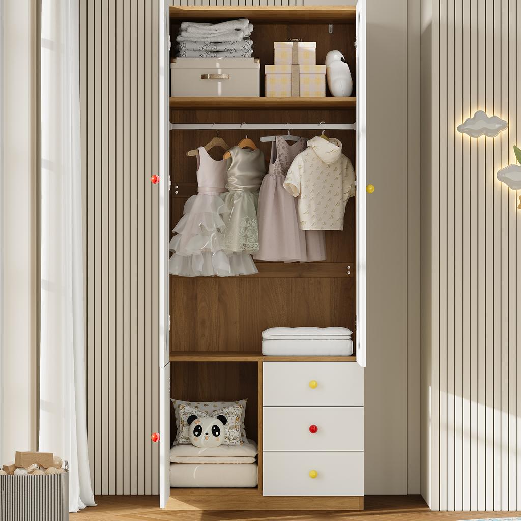 2-Door Wardrobe with Drawers, Bedroom Cabinet, Children's Room Furniture, with Clothes Rail, Colorful Ceramic Handles, White Lacquer