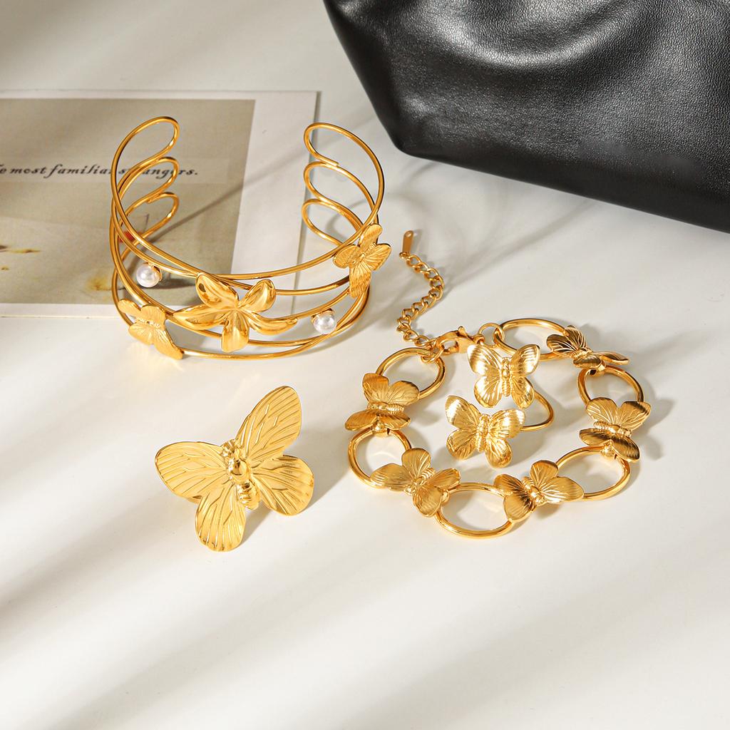 18k Gold Stainless Steel Butterfly Open Bangle Non-fading Titanium Steel Flower Open Ring for Women