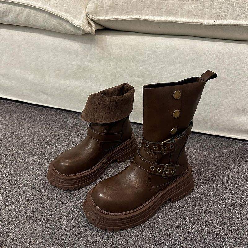 Boots Women's 2025 Autumn and Winter New Two Wear Fold But Knee High Martin Boots British Skinny Motorcycle Boots