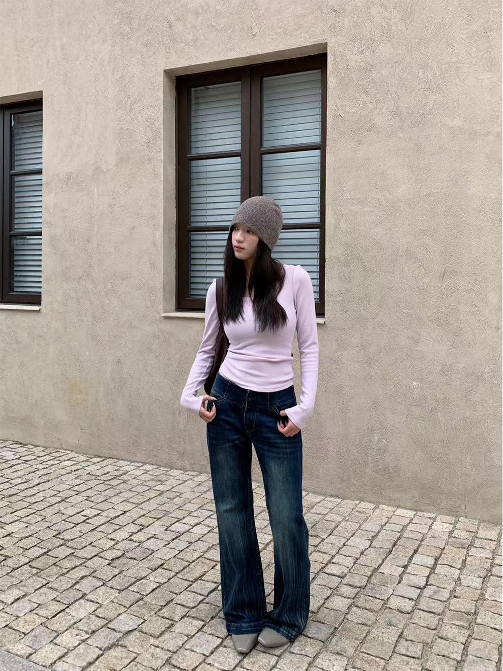 

Yuyi 2025 Women s Retro Dark Buckle Textured Micro-Flare Jeans - Autumn/Winter Collection (cx3911) Extra Large синий