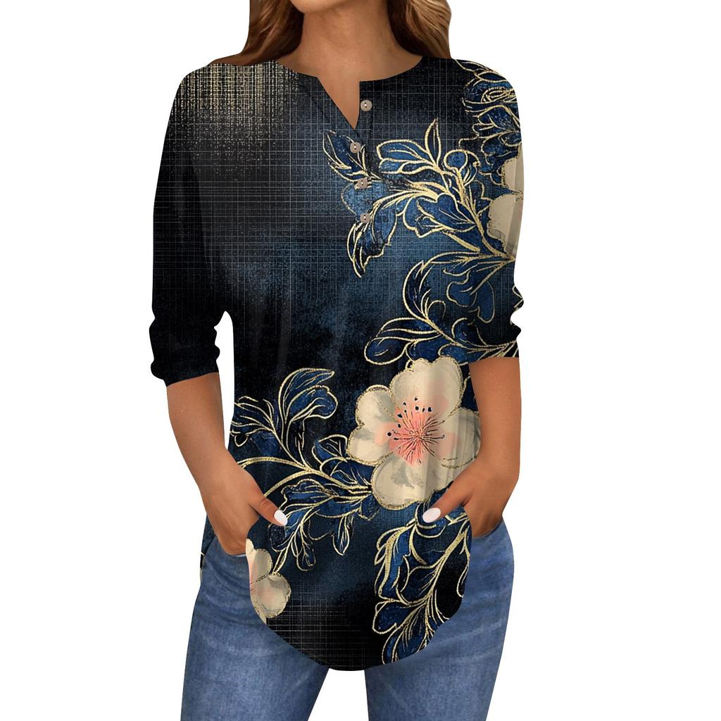 Women's Fashion Loose Button Collar Print 3/43/4  Sleeve T-Shirt Tops Pullover