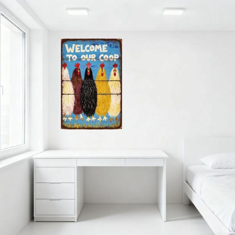 Vintage Welcome to Our Coop Metal Tin Sign, Rustic Brown Framed Decor with 5 Colorful Chickens, Country-Style Farmhouse Wall Art
