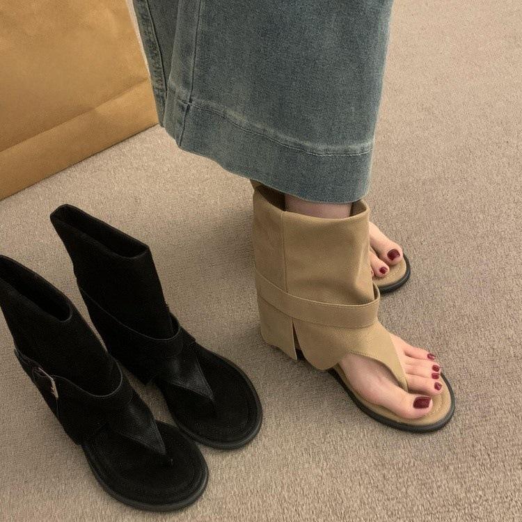 Inner heightening herringbone toe buckle cool boots women's summer wear new fashionable trousers short tube Roman sandals