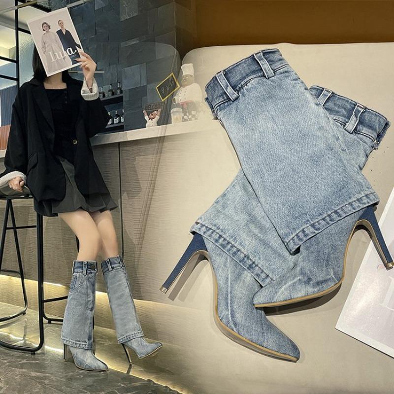Fashion 2025 New Denim Knee High Women Shoes Winter High Heels Western Cowboy Pointed Toe Woman Goth Boots Stiletto Sexy Fashion Zapatos