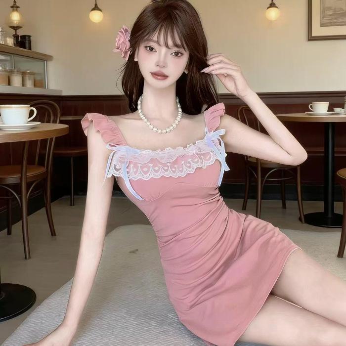 

French Spice Girl Lace Splicing Dress Summer Bow Skinny Waist Pure Desire Short Skirt Celebrity A Word Skirt XL рожевий