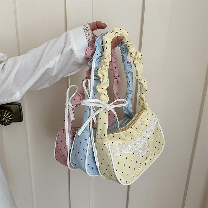 Lace Polka Dot Shoulder Bag Stretchable Strap Large Capacity Pleated Underarm Bag Multi-Color French Stick Handbag Purse