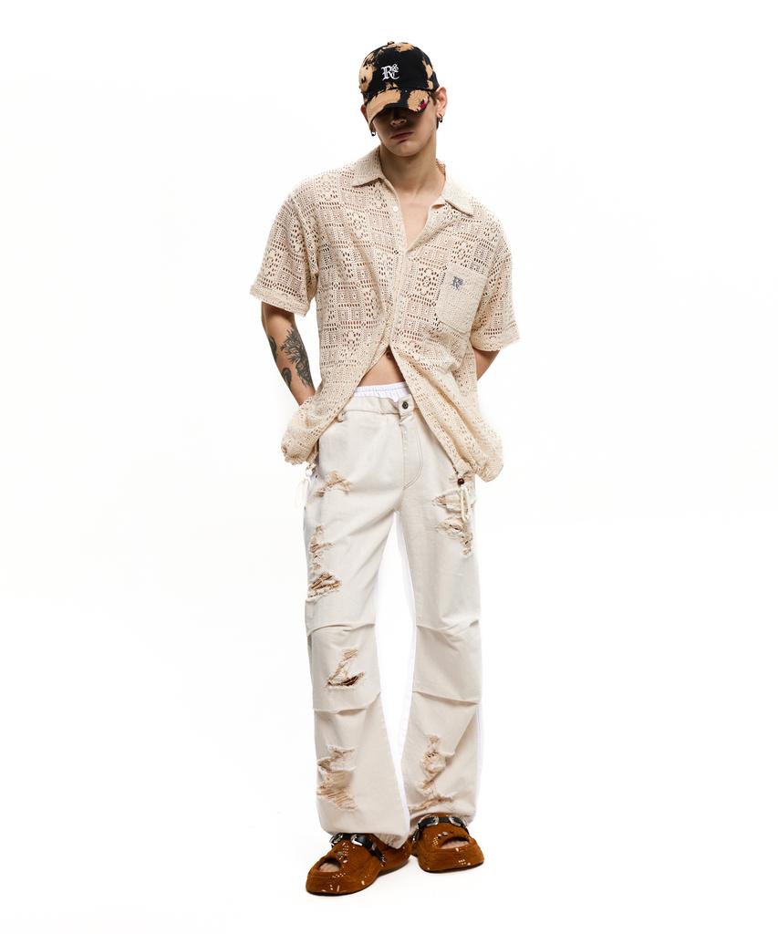 Aleseuseussi Layerd Destroyed Denim Pants - Ivory/White