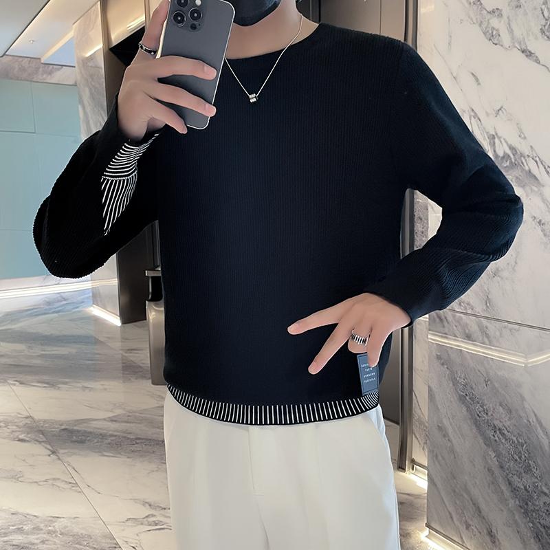 Fake Two-Piece round Neck Jacquard Men's Sweater New Winter Sweater Autumn and Winter Men's Sweater Fashion
