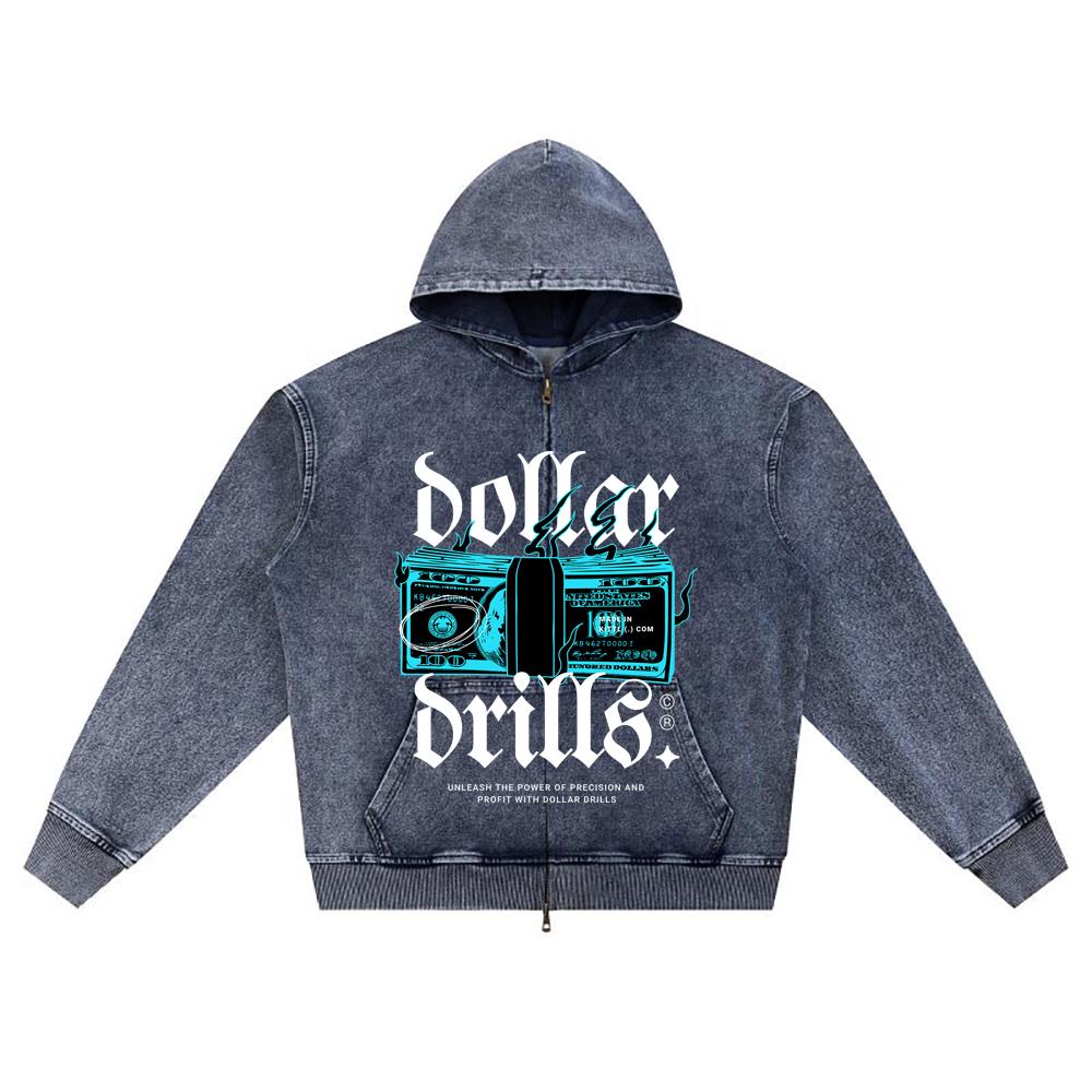 

DTG print Knitted Denim Zip-Up Hoodie Dollar Drills Brother Print Zipper Hoodies XL