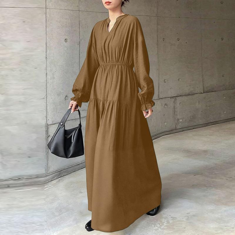 ZANZEA Women Casual V-Neck Long Sleeve Holiday Loose Long Dress