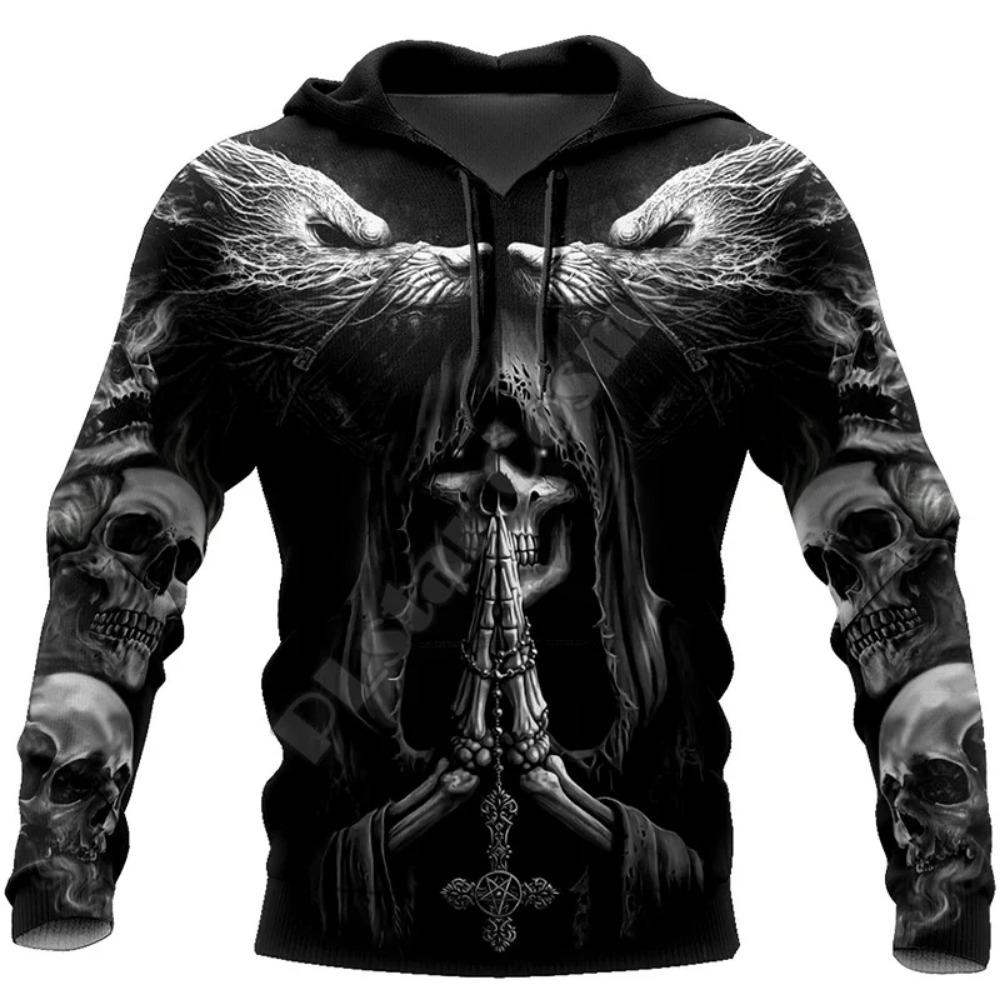 Herren Hoodie Tattoo Skelett Kreuz Terror Grafik Lockerer Mode Pullover Herbstkleidung Freizeitkleidung Damen Oberteile Sweatshirts