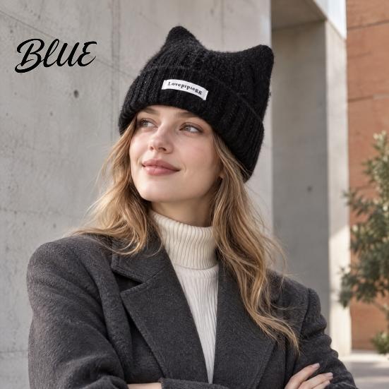 Casual Daily Headgear Cute Cat Ear Woolen Hat Soft Knitted Cap with Cuffed Gift for Her Brim Warm Elastic Headwear Winter Hat Autumn And Women
