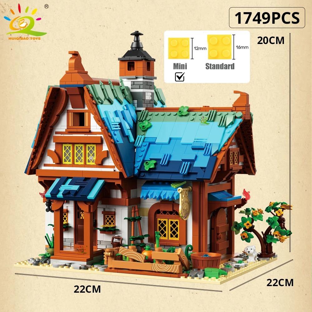 HUIQIBAO MOC Burgstadt Mittelalterlicher Architekturstil Haus Mikro-Bausteine Mini Ziegel Konstruktionsspielzeug für Kinder Geschenke