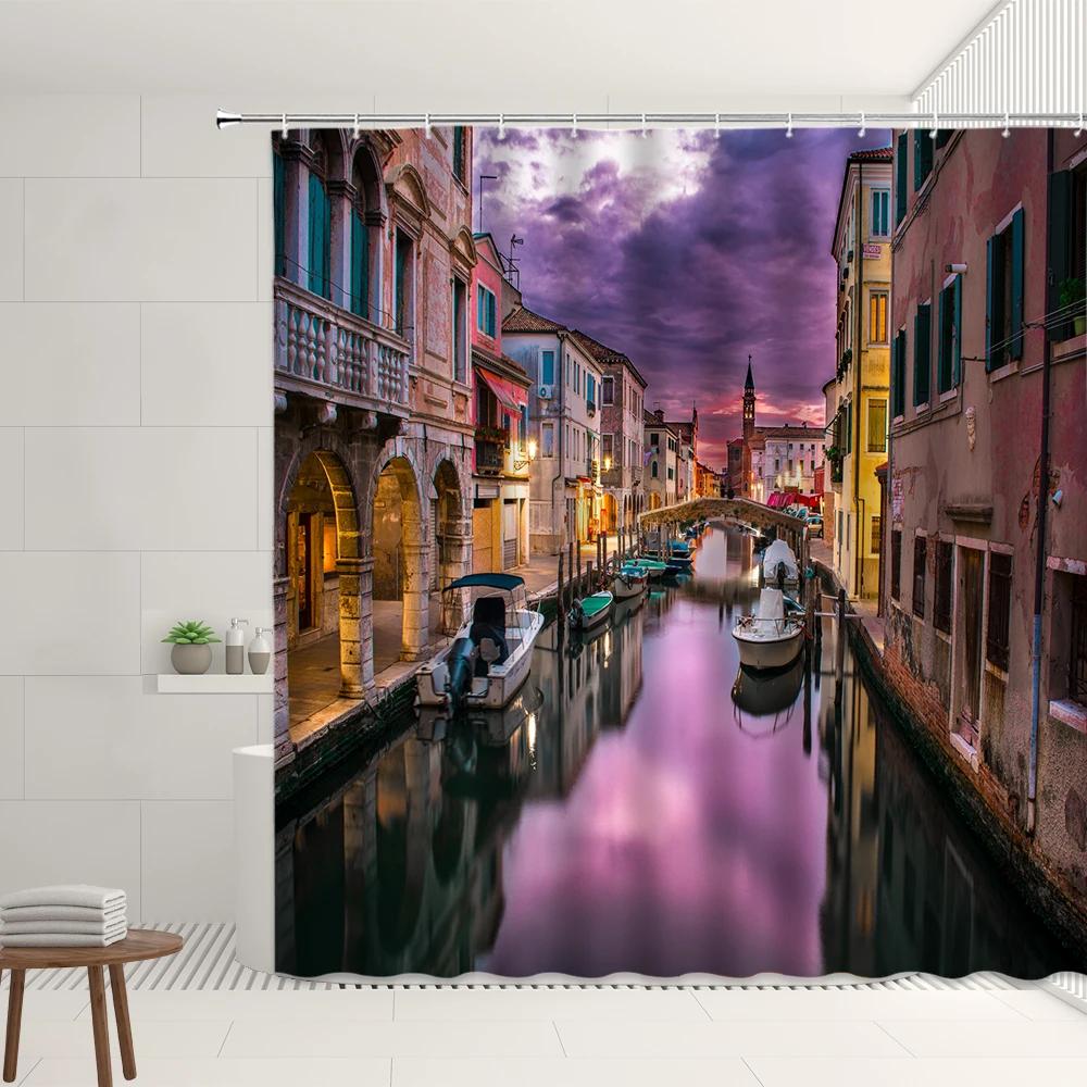 

Venice Water City Shower Curtain Set Retro Alley Canal Street Green Ivy Italian Scenery Bathroom Hanging Curtains Bathtub Screen W90XH180cm