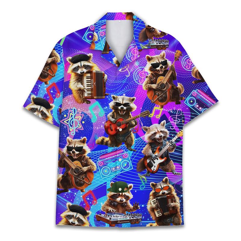 Magliette Divertenti con Stampa 3D di Procione da Uomo Camicetta Casual Hawaiana a Maniche Corte con Collo a Revers Camicia a Maniche Corte Estiva da Donna per le Vacanze