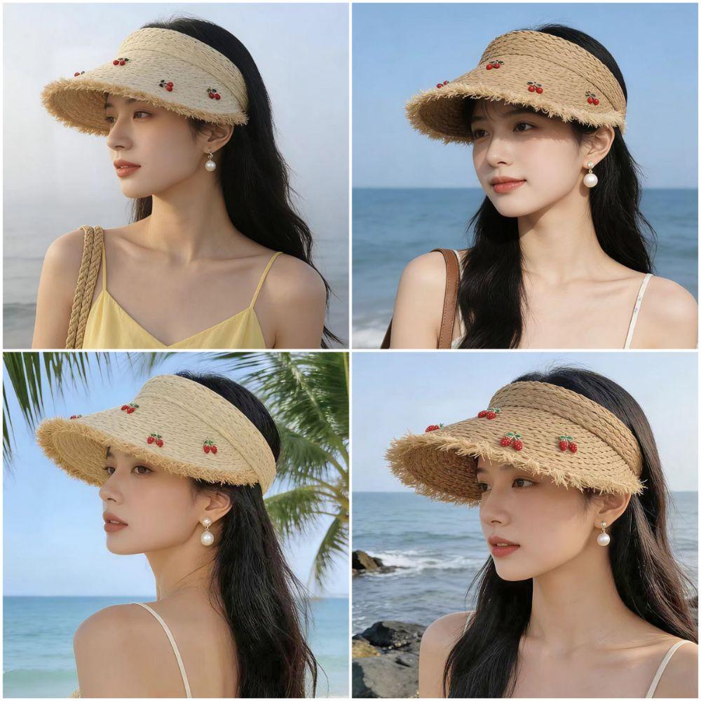 Dopamine Cherry Strawberry Sun Hat Beige Khaki Sunscreen Open-crown Straw Hat Breathable Headband-style Sunshade Cap Vacation