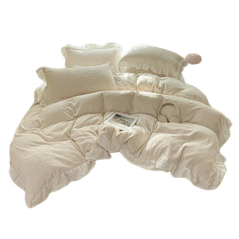 Class A Winter-Ready Milk Velvet Lace 4-Piece Set: Soft, Double-Sided Coral Fleece in Cream Style