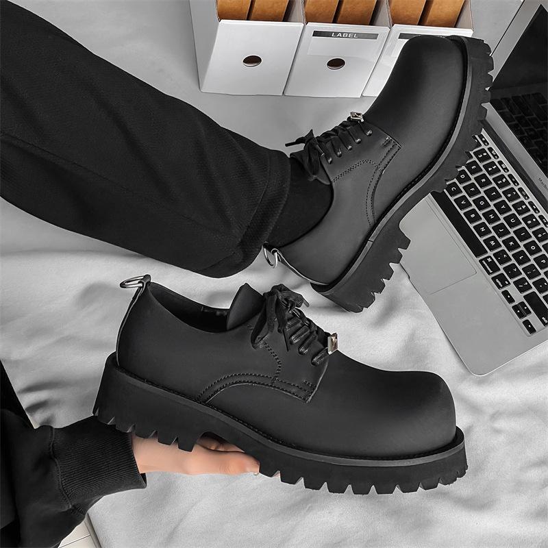 Platform Mickey Derby Shoes Men's Taller Casual Round Head Carbon Black Big Head Men's Leather Shoes Daily Commuter 1029-K