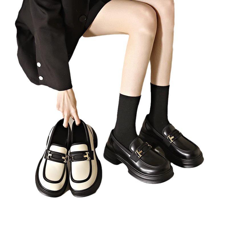 Qi Le 2024 Women's Spring/Summer Round Toe Chunky Heel Leather Loafers