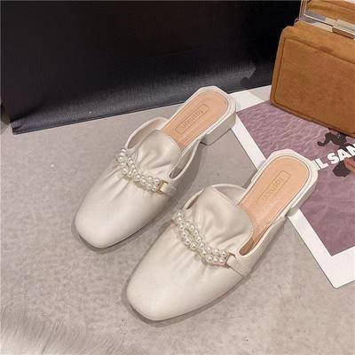 Women Slip On Mules Low Heel Backless Square Toe Half Slippers Pearl Chain Decoration Casual Outdoor Shoes