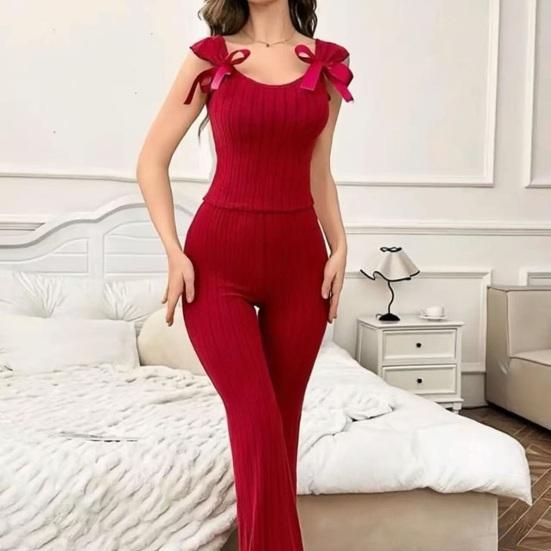 Conjunto de Pijama de 2 Piezas para Mujer Lazo Camiseta de Tirantes Acanalada y Pantalones Pijamas Conjuntos para Dormir Casual Otoño Sin Mangas Conjuntos para Estar en Casa
