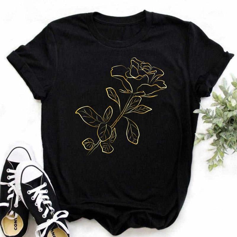 Fashion Gold Rose Print Women T Shirt Harajuku Short Sleeves Tshirts Casual O-neck Top Tee Shirt Women Black T-shirt