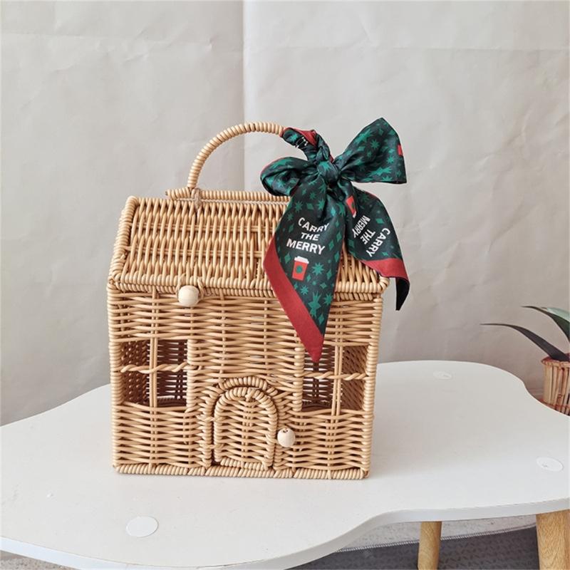 Valigia Scatola Decorativa in Rattan Cesto Intrecciato a Mano in Plastica a Forma di Casa con Manico Sacchetto per Confezionare Regali per Festival