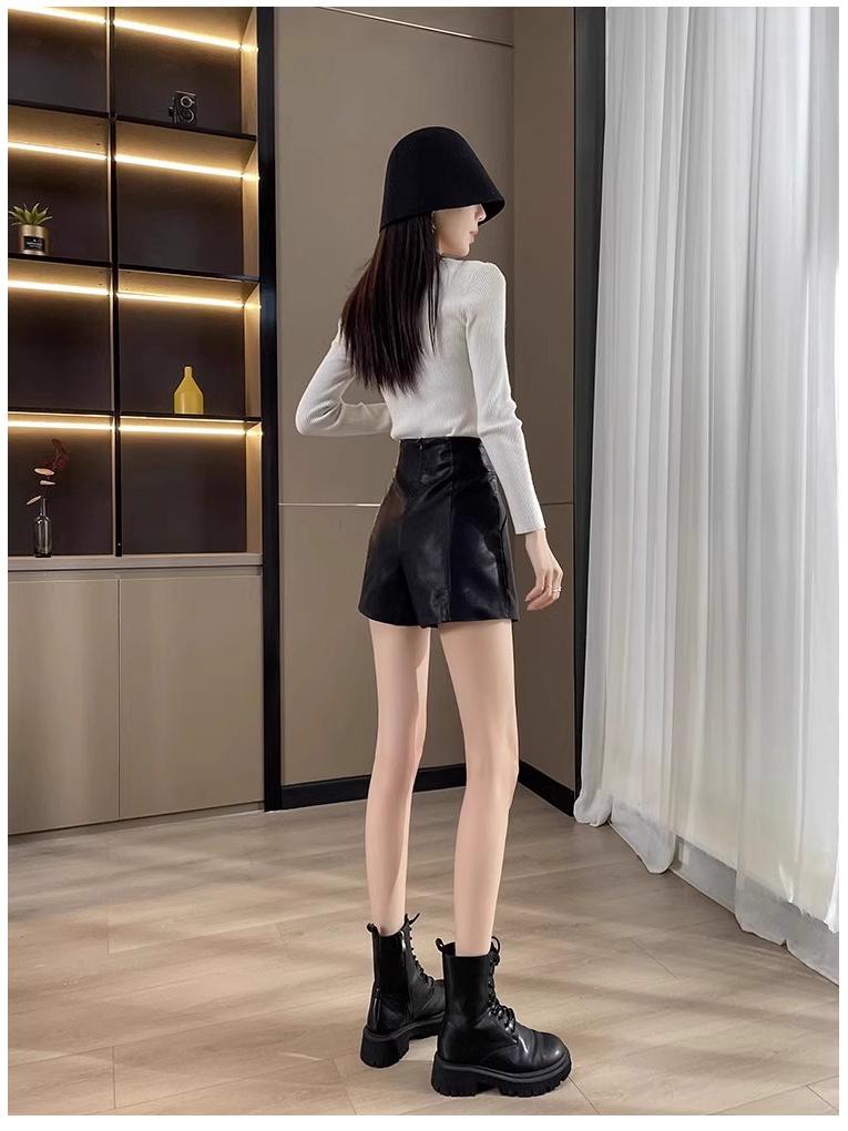 High-Waisted Leather Shorts for Women - 2026 New Style A-Line Slim Fit PU Wide-Leg Bootcut (Autumn/Winter) In Black