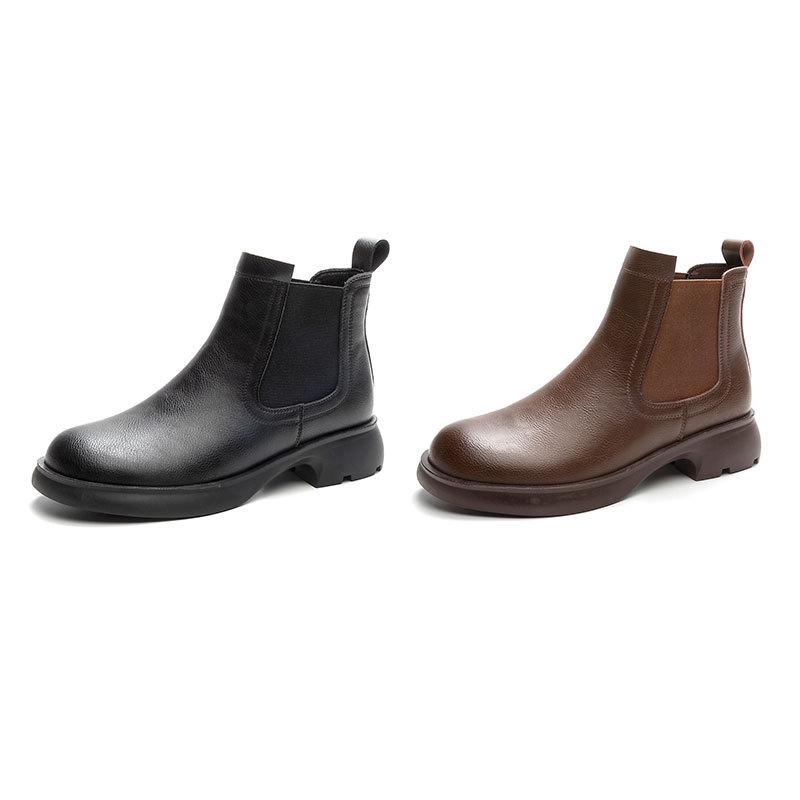 Leather Versatile Chelsea Boots Children's Soft-soled British Coarse Heel Martin Boots French Low Pile Round Head Cigarette Boots