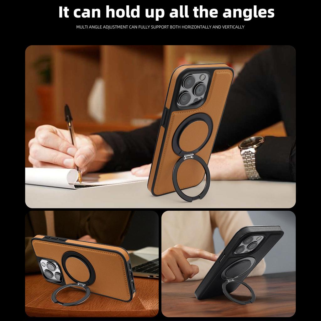 For iPhone 15 Pro Case with Ring Kickstand Compatible with MagSafe PU Leather Back Cover
