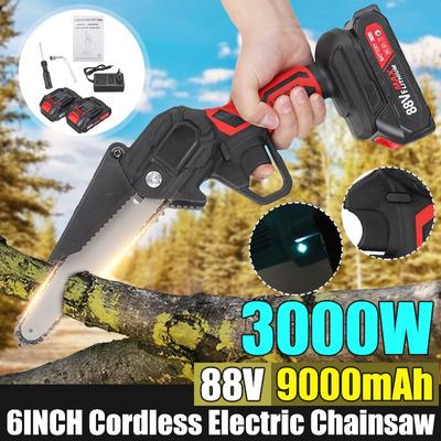 Minimotosierra eléctrica de cadena de 6 pulgadas 88V 3000W para carpintería, poda inalámbrica, herramienta de jardín para una mano con batería