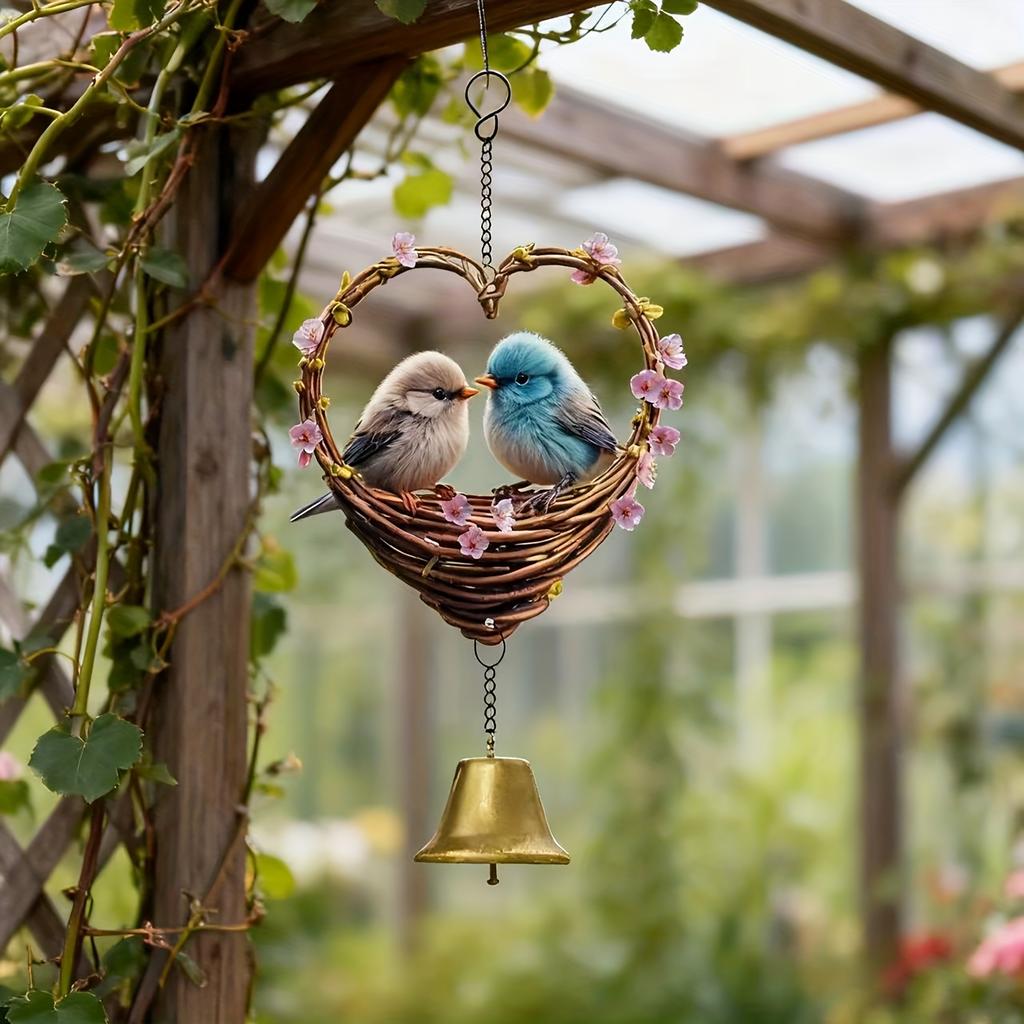 2D flat heart-shaped bird wind chimes with bells, bird heart wind chimes, flat pendants, Valentine's Day gifts