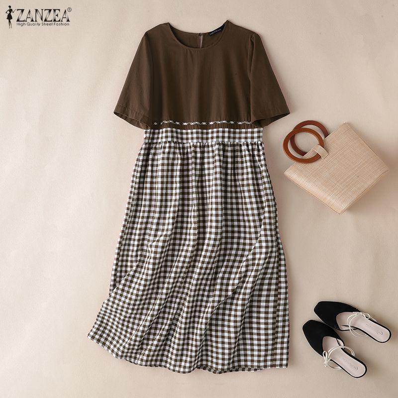 ZANZEA Women Casual Round Neck Short Sleeve Grid Print Patchwork Dress