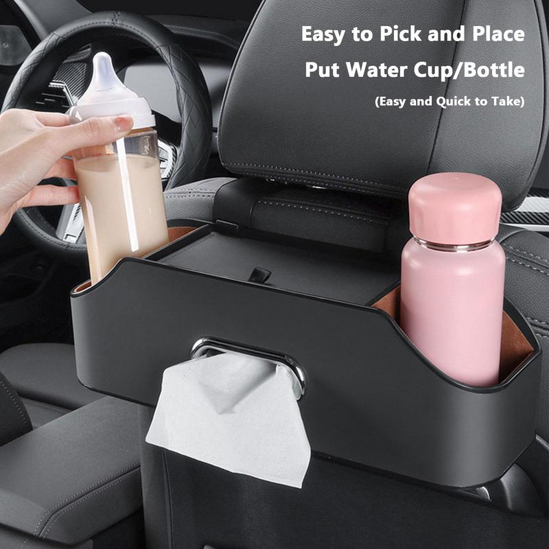 Car Backseat Organizers Backseat PU Leather Tissue Box With 2 Cup Holder Seat Organizer With Hook Multifunctional Car