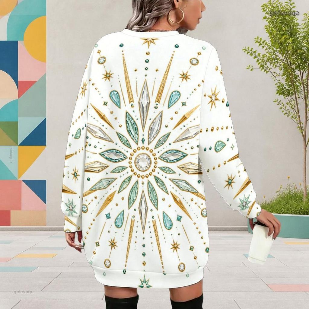 Women Plus Size Round Neck Long Sleeve Printed Black Mini Sweatshirt Dress Ribbed Cuffs
