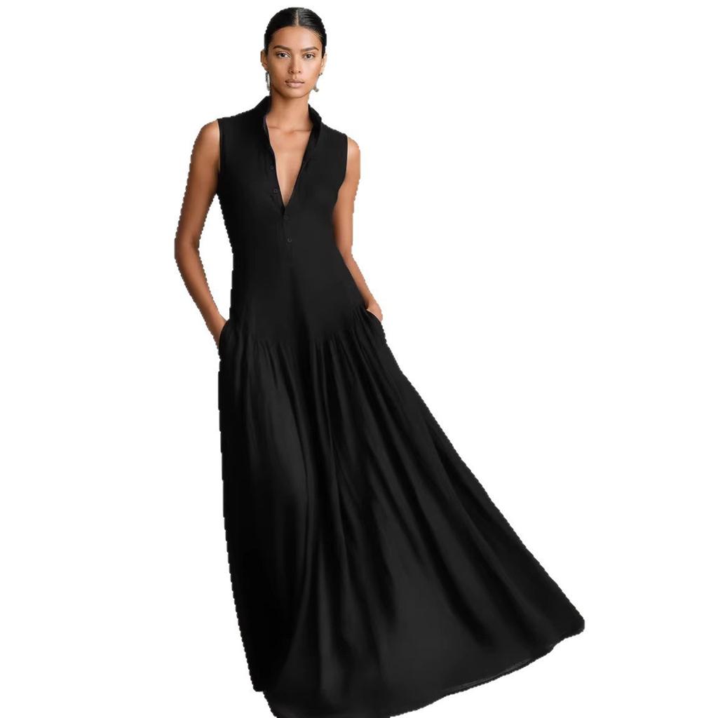 Spring New French Classic Black Temperament Muse Fan Slim and Thin V-neck Long Sleeveless Dress